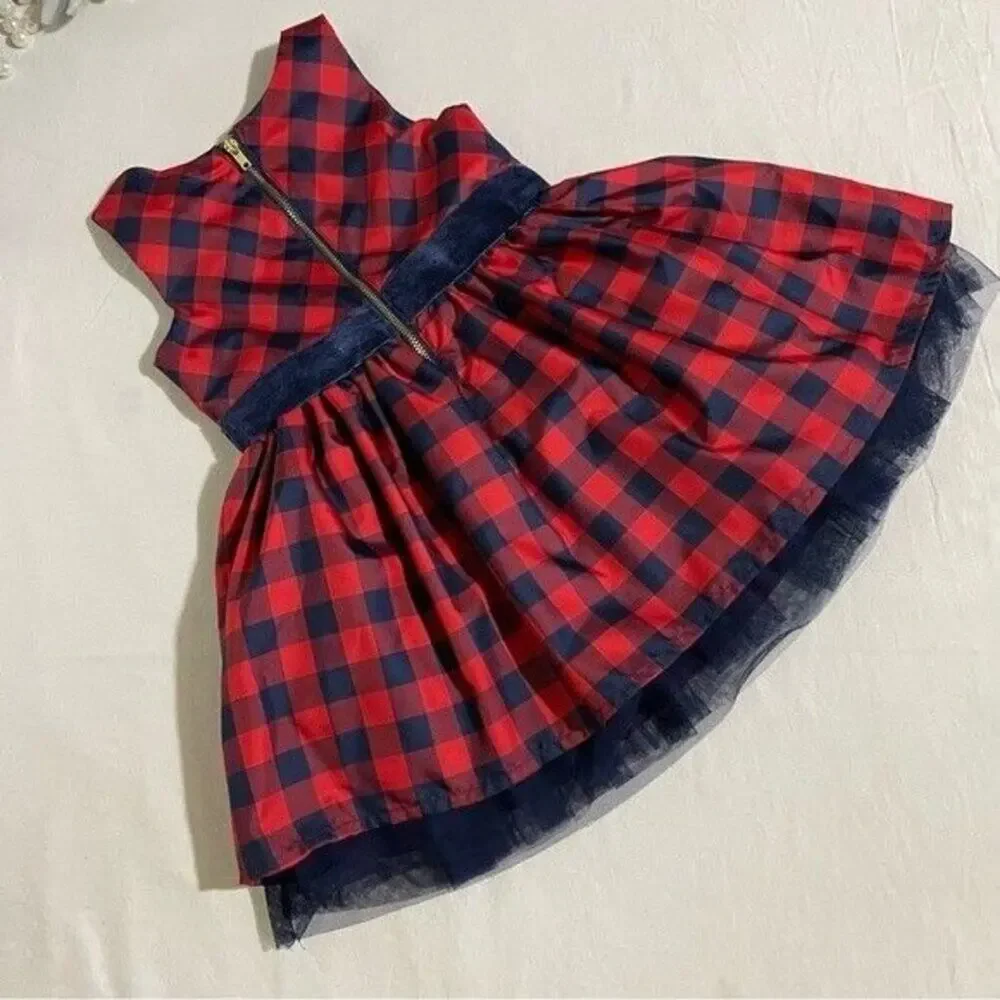 Cat & Jack Dress Girls Size 2T Plaid Red/Navy Velvet Waistband Tulle Lining